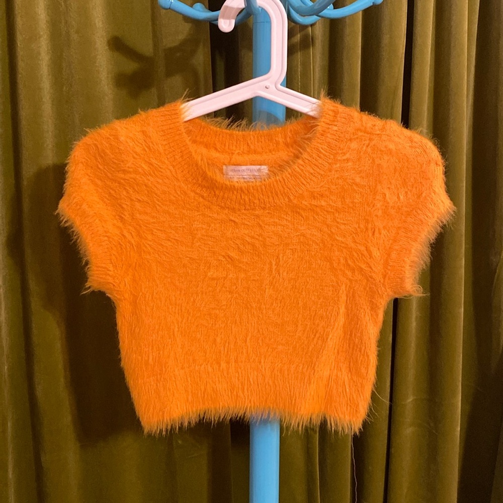 Orange short sleeve crop top sweater fuzzy
